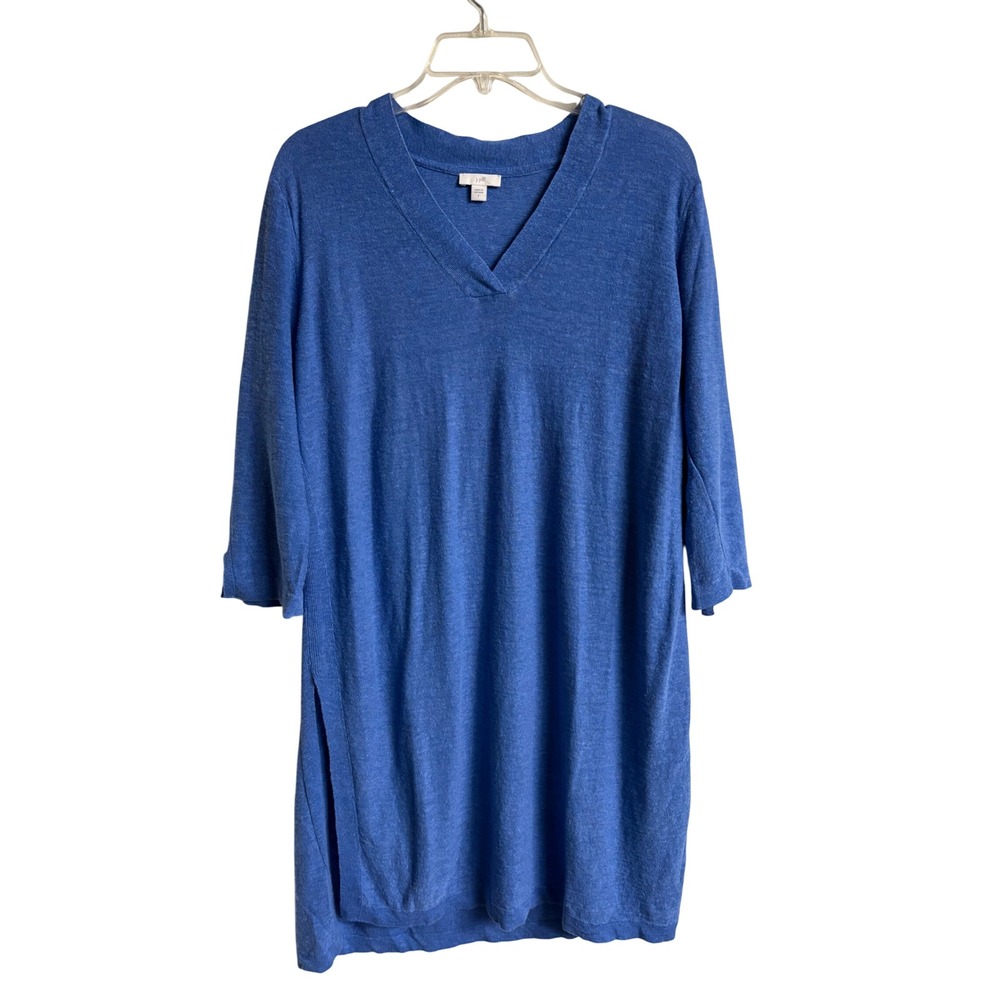 J.Jill Blue Linen Blend V-Neck Tunic Sweater 3/4 Sleeve Side Slits Large Coastal